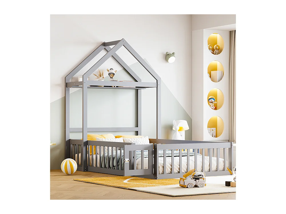 Lit jeune lit 90x200 cm lit en bois massif avec barrière de sécurité complète, portes et cadre à lattes pin gris