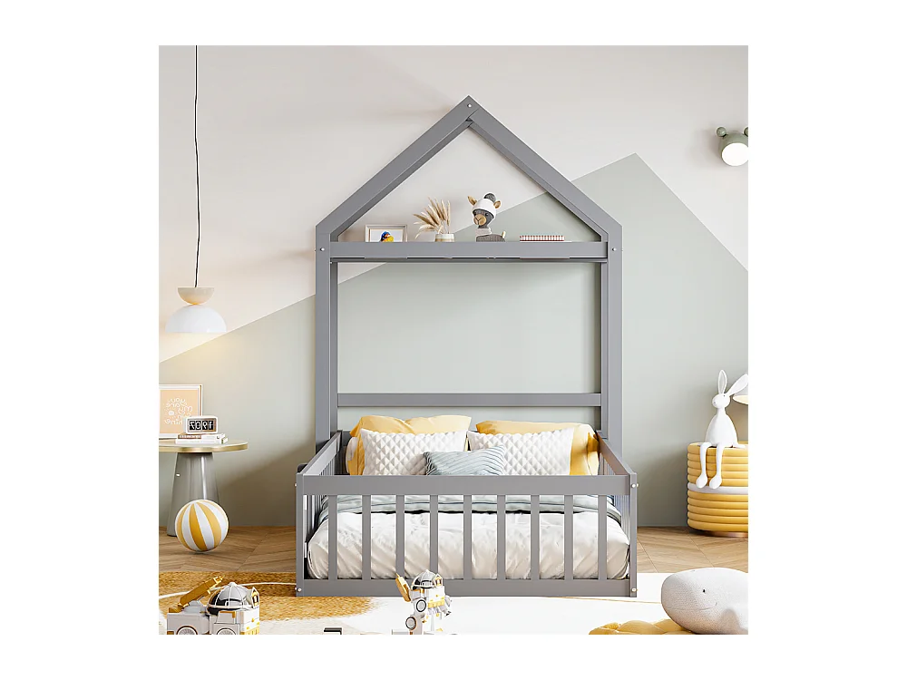 Lit jeune lit 90x200 cm lit en bois massif avec barrière de sécurité complète, portes et cadre à lattes pin gris