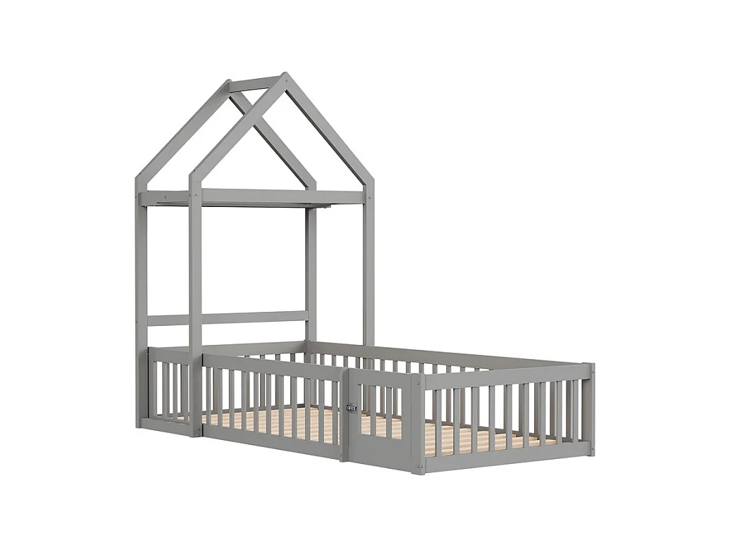 Lit jeune lit 90x200 cm lit en bois massif avec barrière de sécurité complète, portes et cadre à lattes pin gris