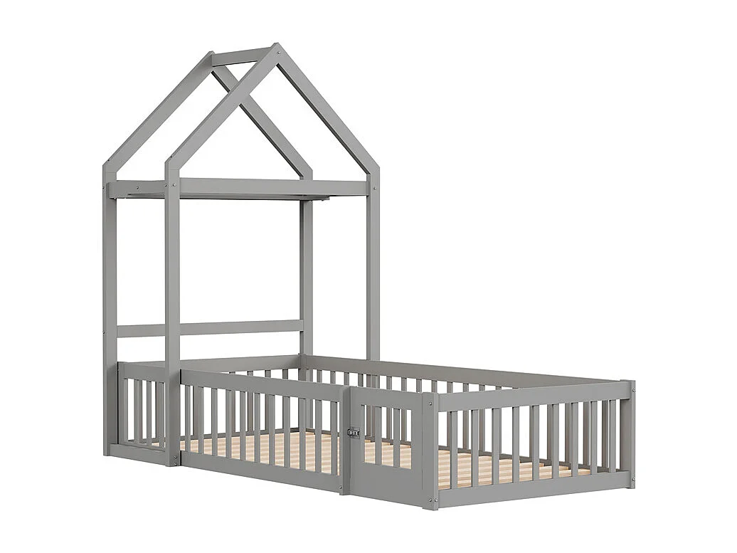 Lit jeune lit 90x200 cm lit en bois massif avec barrière de sécurité complète, portes et cadre à lattes pin gris