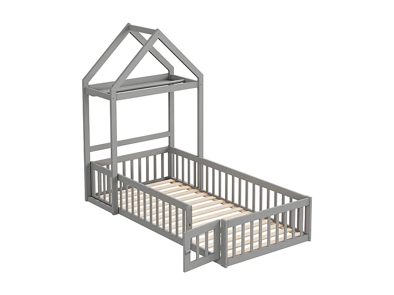 Lit jeune lit 90x200 cm lit en bois massif avec barrière de sécurité complète, portes et cadre à lattes pin gris