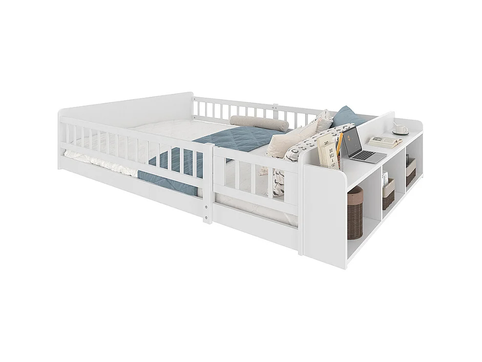 Lit en bois, lit d'enfant 140x200cm, avec rangement ouvert, étagères, armoire ouvrante, pin+mdf, blanc, sans matelas