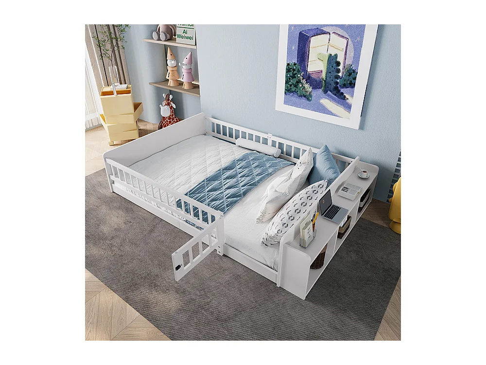 Lit en bois, lit d'enfant 140x200cm, avec rangement ouvert, étagères, armoire ouvrante, pin+mdf, blanc, sans matelas