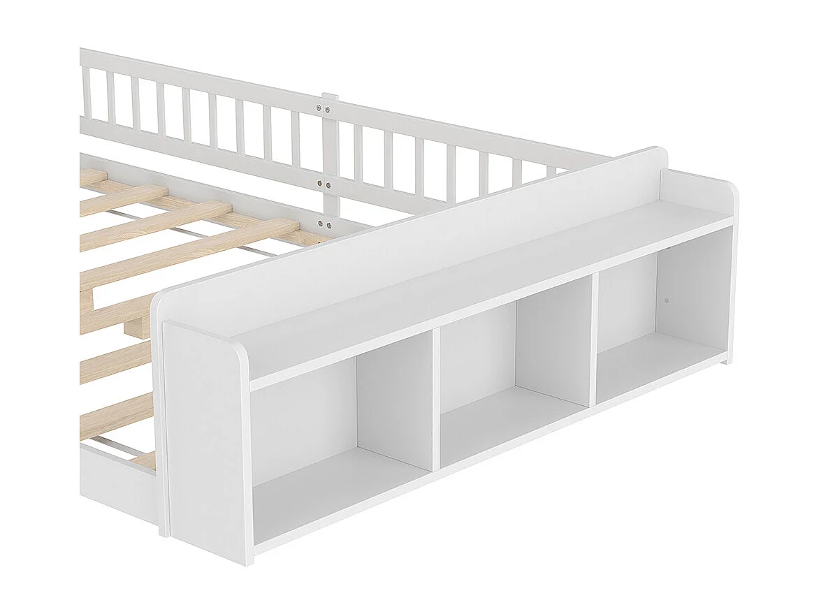 Lit en bois, lit d'enfant 140x200cm, avec rangement ouvert, étagères, armoire ouvrante, pin+mdf, blanc, sans matelas