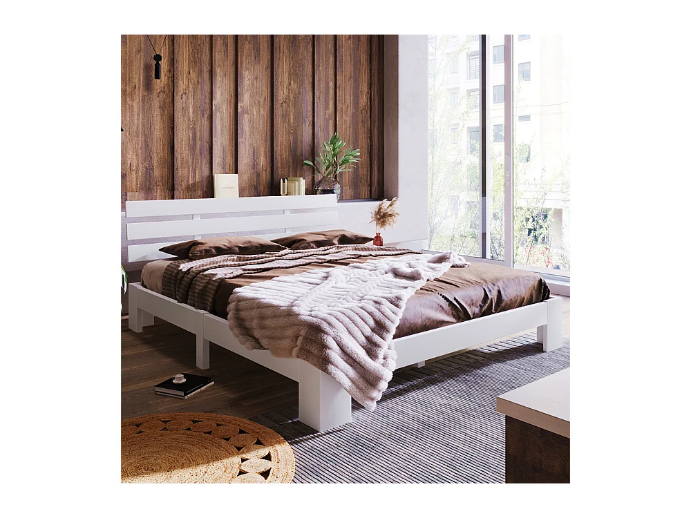 Lit jeune lit 140x200 cm lit sommier à lattes en bois lit double bois massif blanc