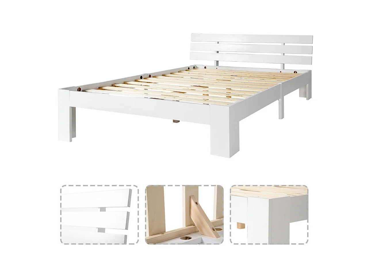 Lit jeune lit 140x200 cm lit sommier à lattes en bois lit double bois massif blanc