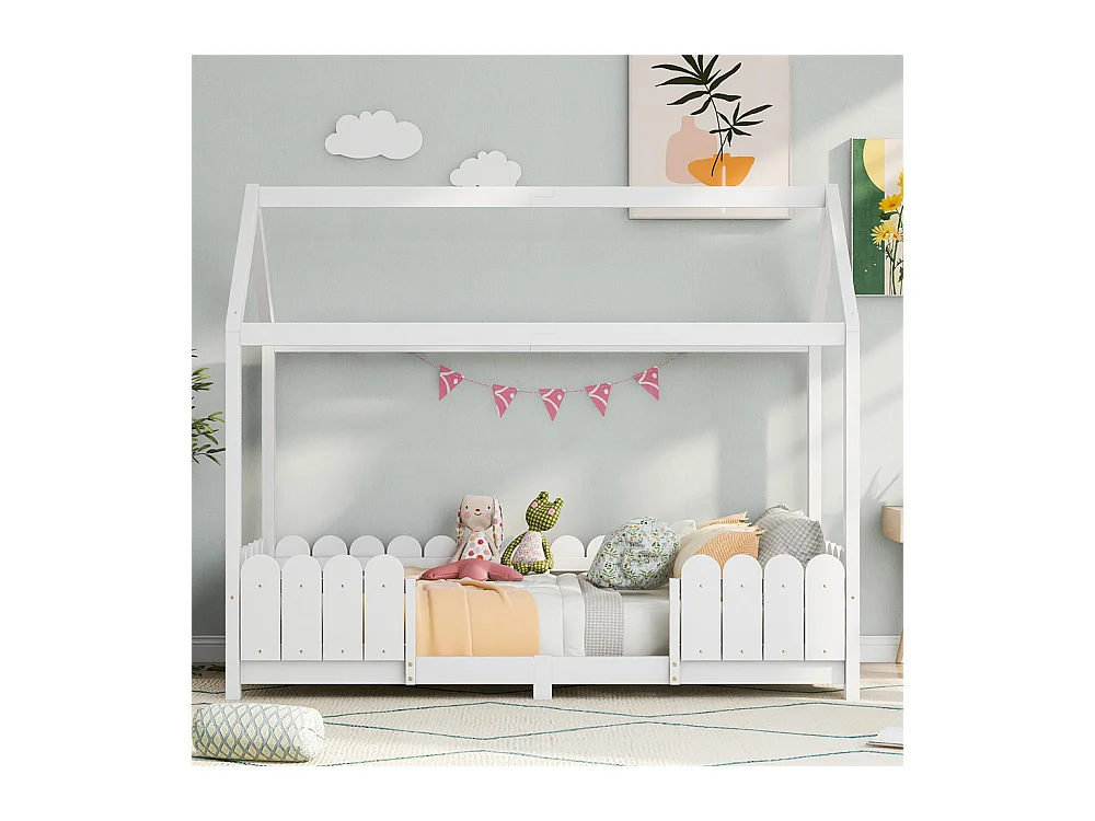 Lit jeune lit 90x200 cm avec protection contre les retombées et cadre à lamelles lit simple pin blanc