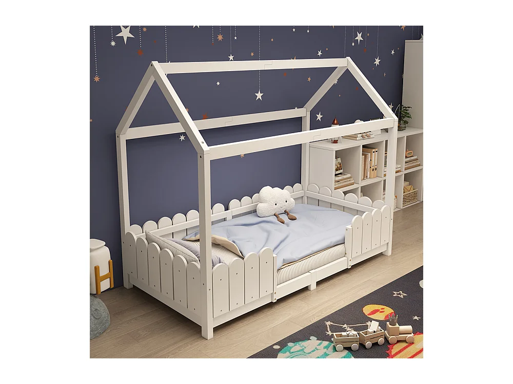 Lit jeune lit 90x200 cm avec protection contre les retombées et cadre à lamelles lit simple pin blanc