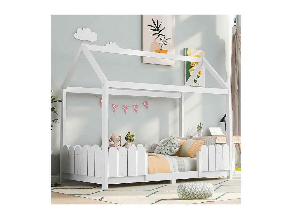 Lit jeune lit 90x200 cm avec protection contre les retombées et cadre à lamelles lit simple pin blanc