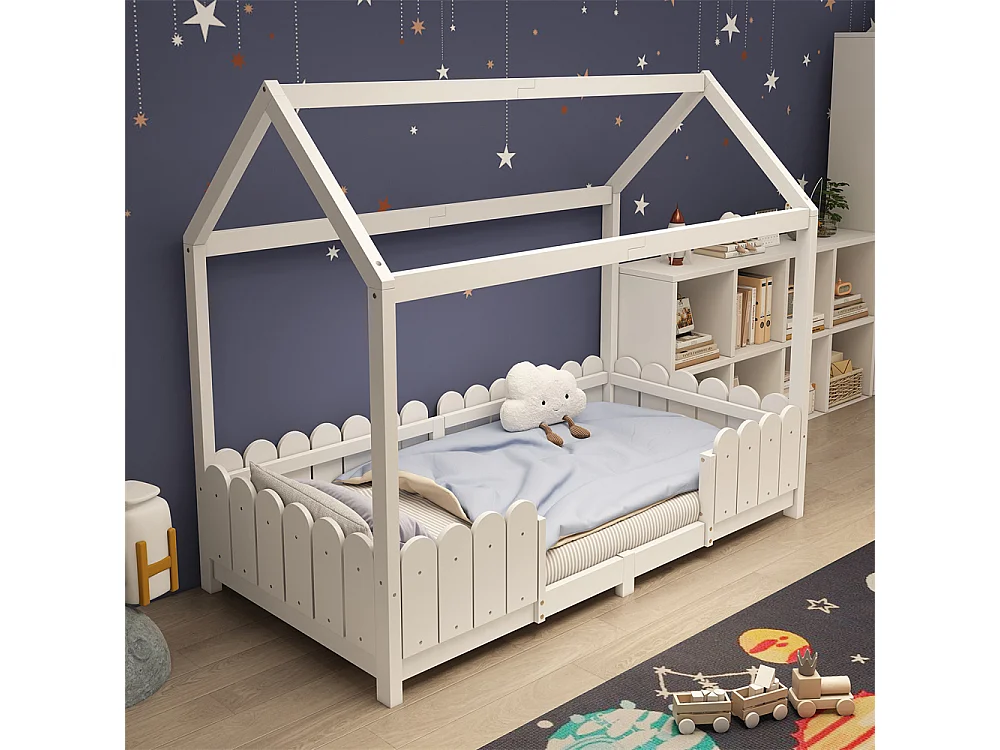 Lit jeune lit 90x200 cm avec protection contre les retombées et cadre à lamelles lit simple pin blanc