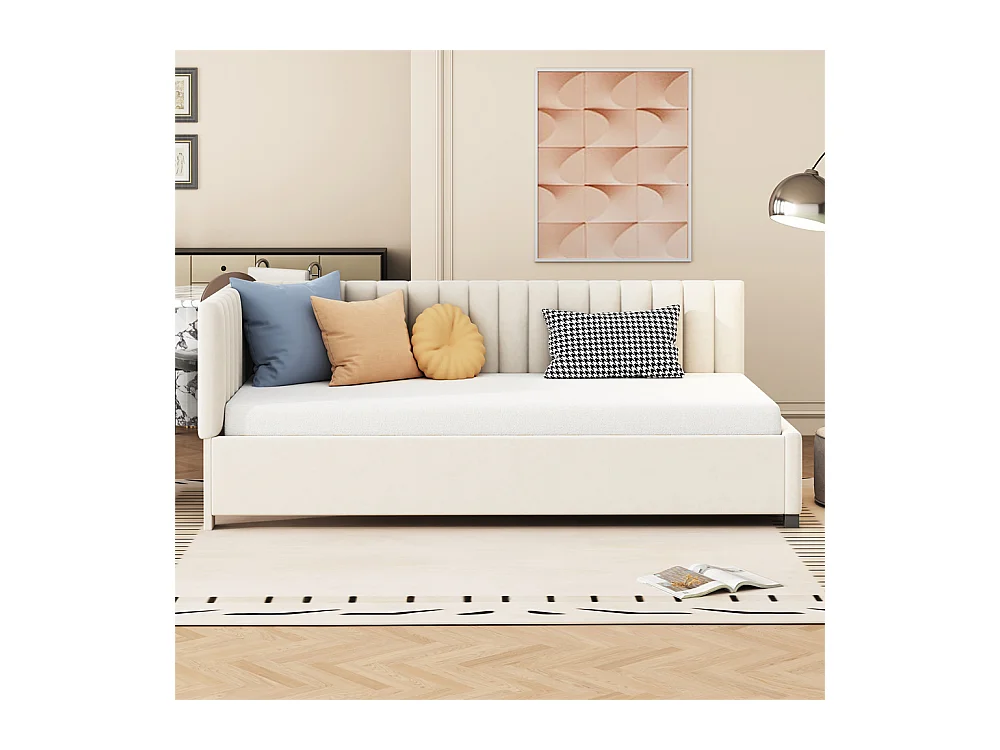 Lit jeune lit 90x200 cm lit rembourré lit sommier à lattes lit simple tissu en velours beige