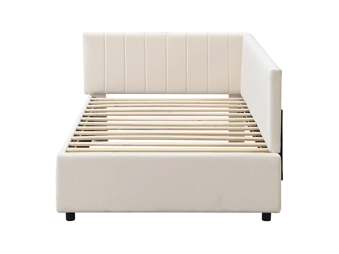 Lit jeune lit 90x200 cm lit rembourré lit sommier à lattes lit simple tissu en velours beige