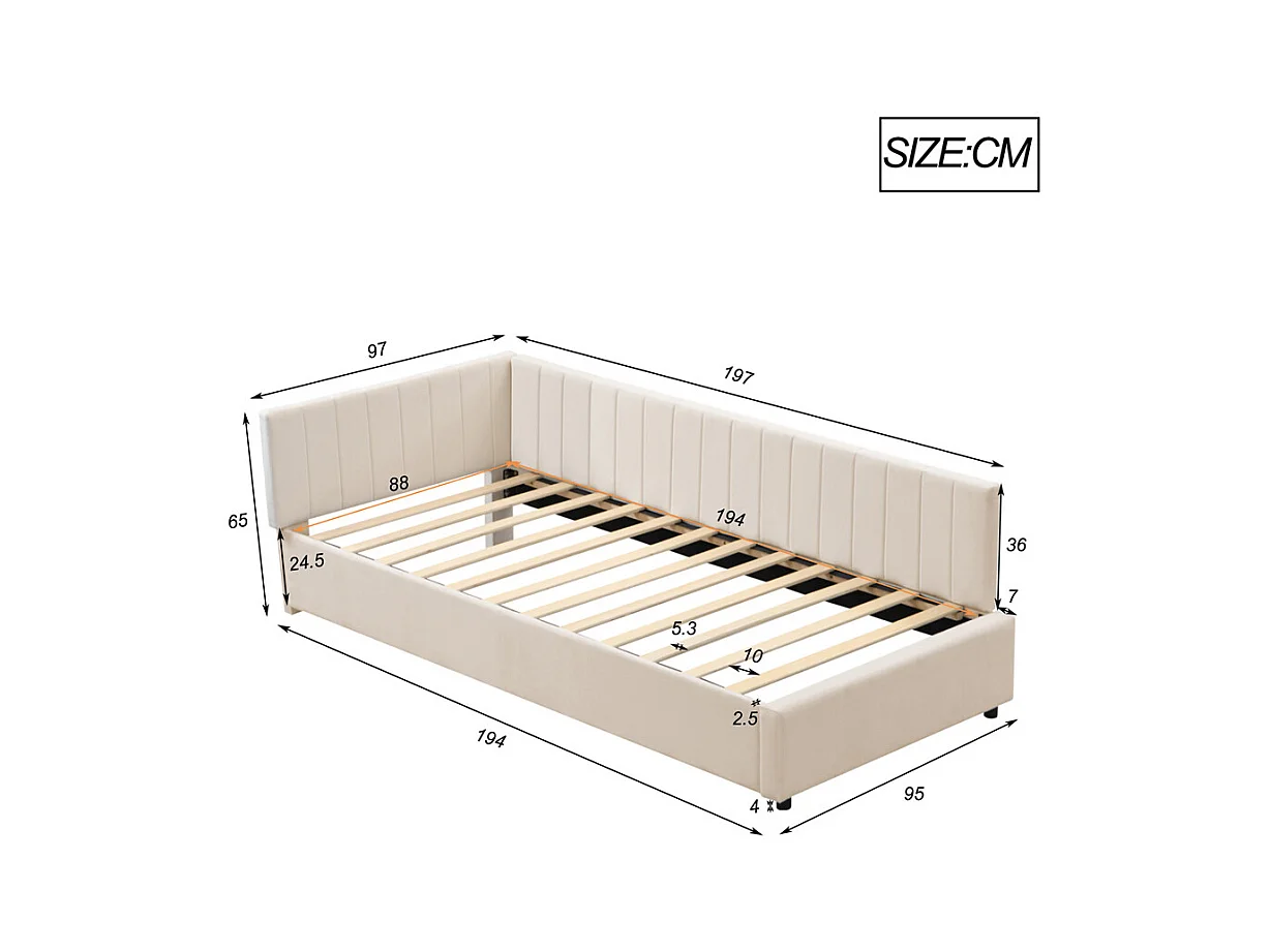 Lit jeune lit 90x200 cm lit rembourré lit sommier à lattes lit simple tissu en velours beige