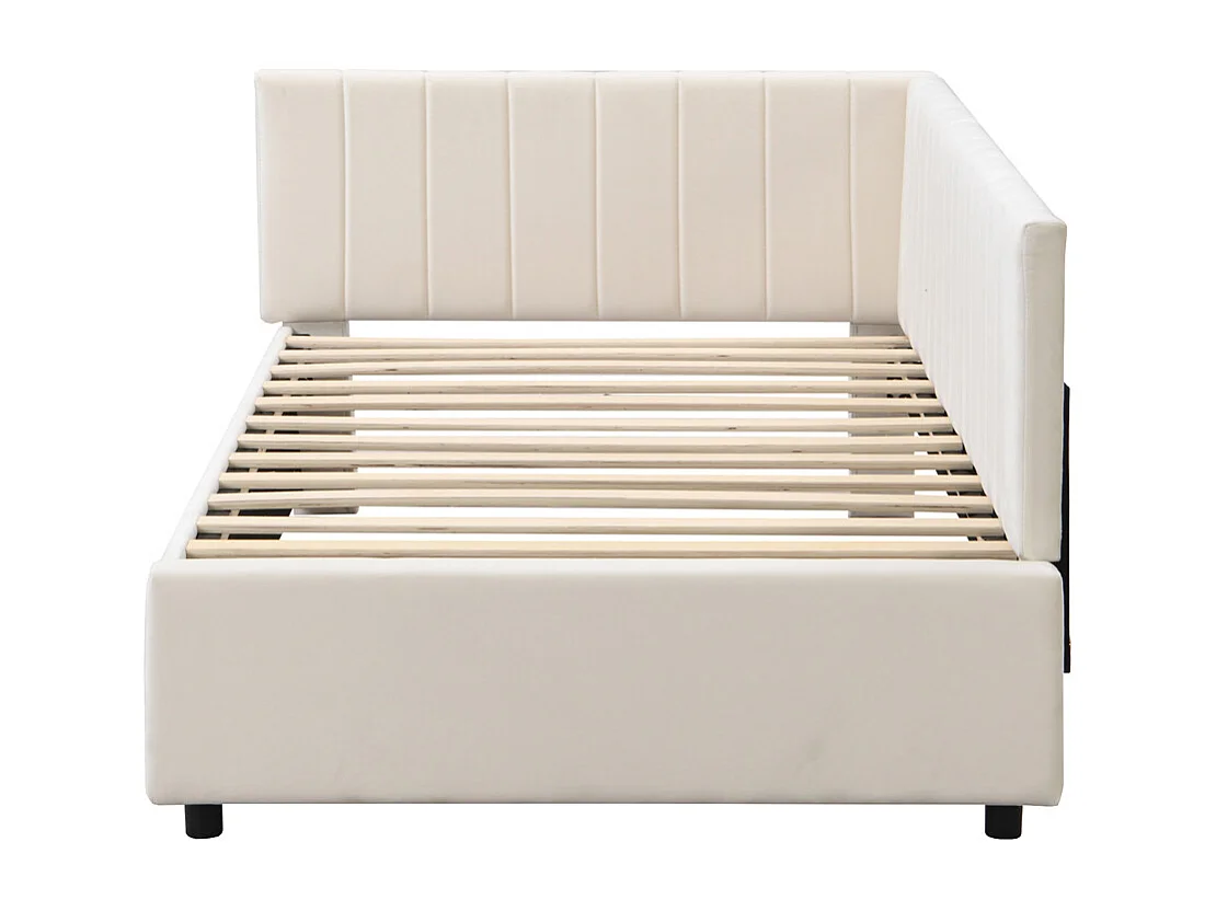Lit jeune lit 90x200 cm lit rembourré lit sommier à lattes lit simple tissu en velours beige