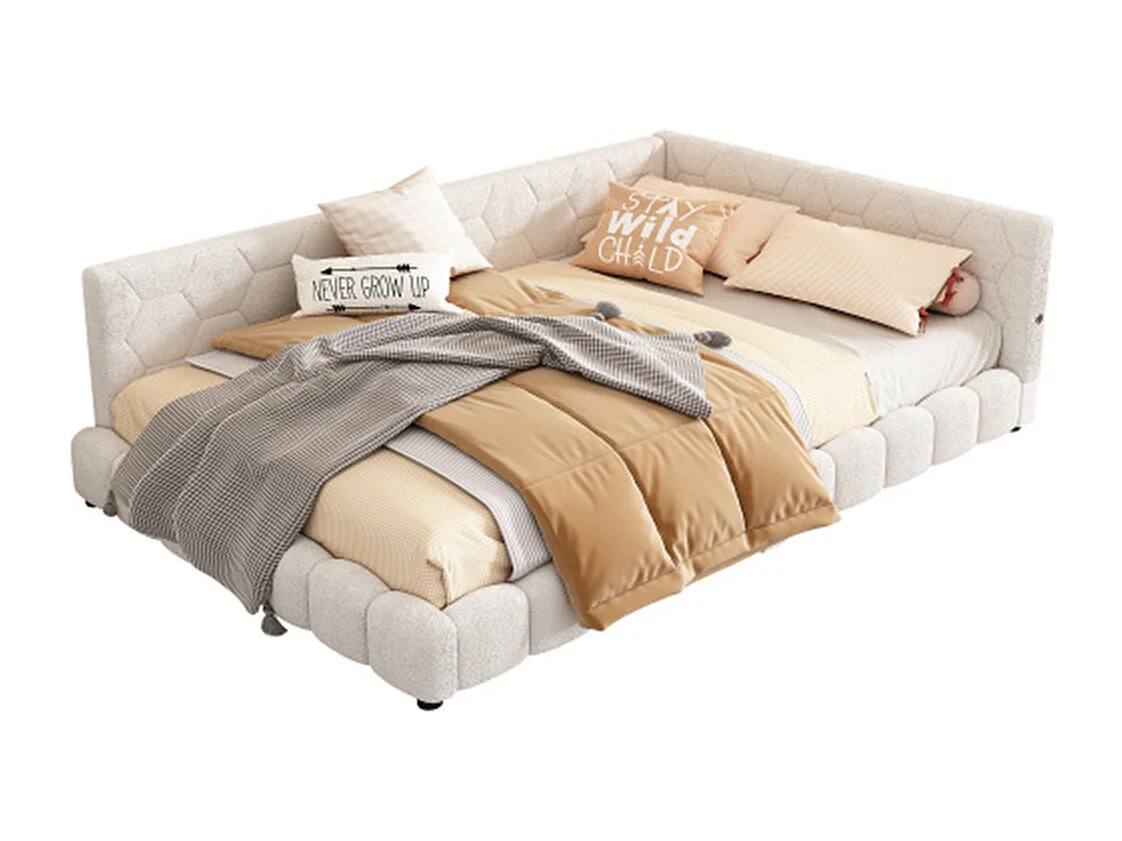 Lit de jour 140x200cm, canapé-lit avec sommier à lattes, lumière d'ambiance 16 couleurs, connexion usb, type-c, fleece+mdf, blanc, sans matelas