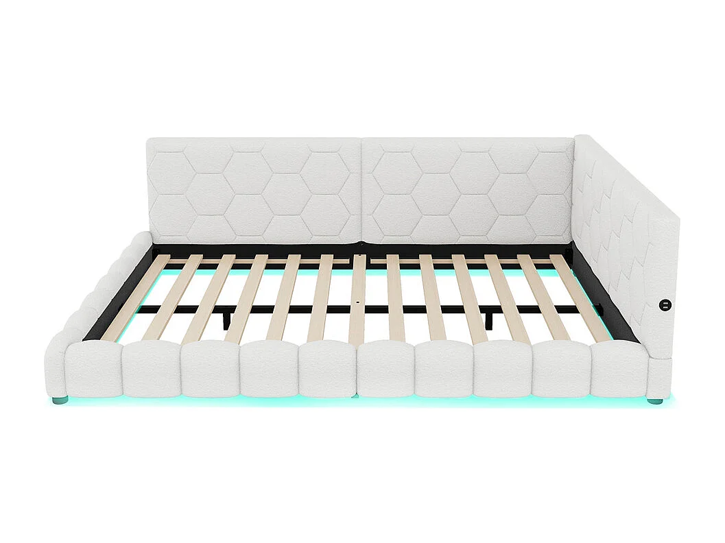 Lit de jour 140x200cm, canapé-lit avec sommier à lattes, lumière d'ambiance 16 couleurs, connexion usb, type-c, fleece+mdf, blanc, sans matelas