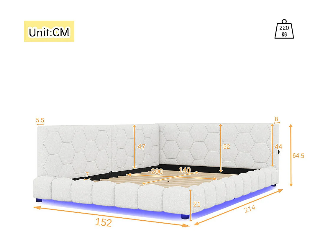 Lit de jour 140x200cm, canapé-lit avec sommier à lattes, lumière d'ambiance 16 couleurs, connexion usb, type-c, fleece+mdf, blanc, sans matelas