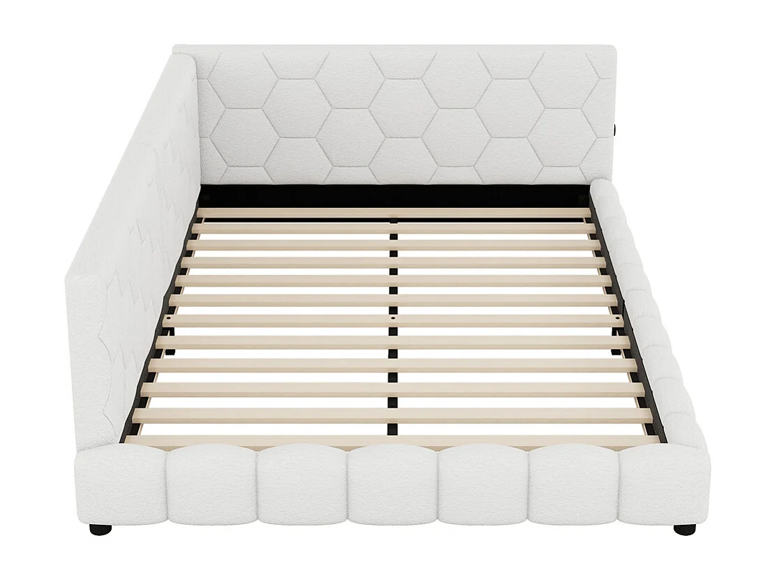 Lit de jour 140x200cm, canapé-lit avec sommier à lattes, lumière d'ambiance 16 couleurs, connexion usb, type-c, fleece+mdf, blanc, sans matelas