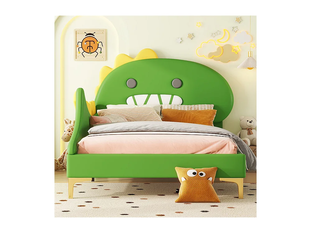 Lit jeune lit 90x200cm forme de dinosaure cartoon lit simple pu vert