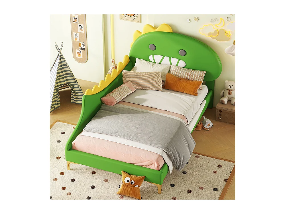 Lit jeune lit 90x200cm forme de dinosaure cartoon lit simple pu vert