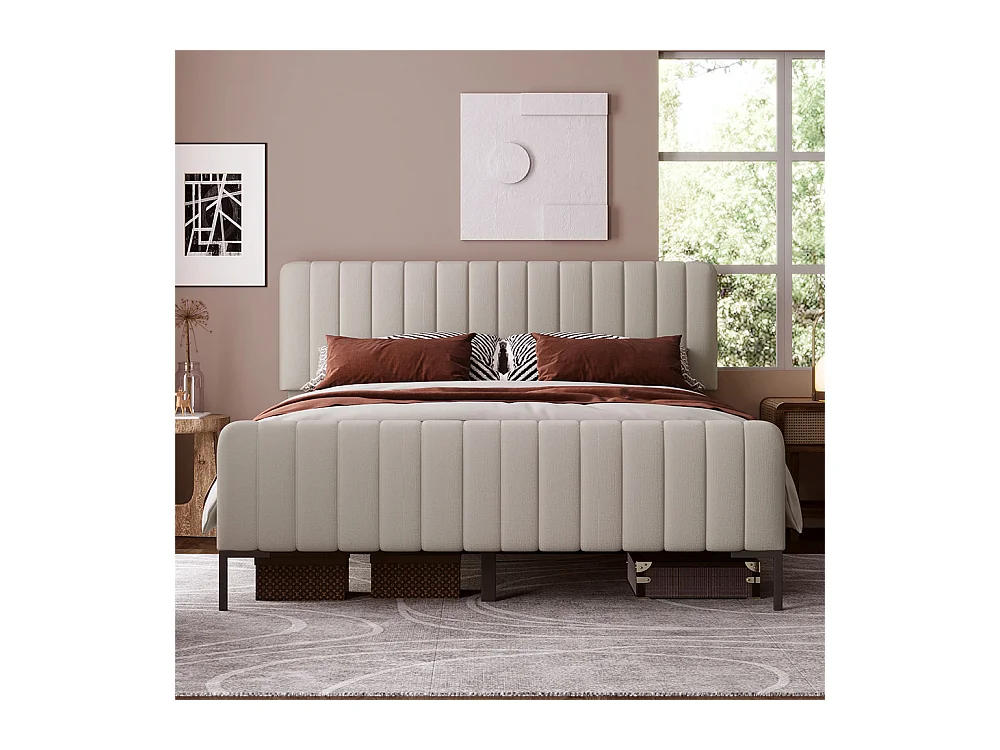 Lit jeune lit 160x200 cm lit rembourré avec sommier à lattes lit double lin gris-beige