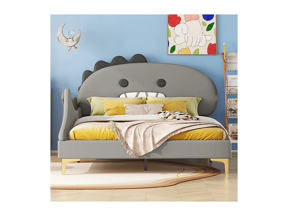 Lit jeune lit 140x200cm forme de dinosaure cartoon lit double pu gris