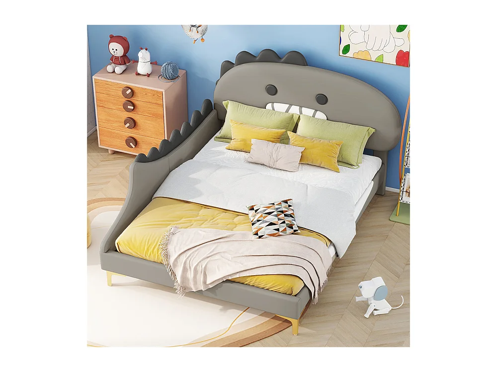 Lit jeune lit 140x200cm forme de dinosaure cartoon lit double pu gris