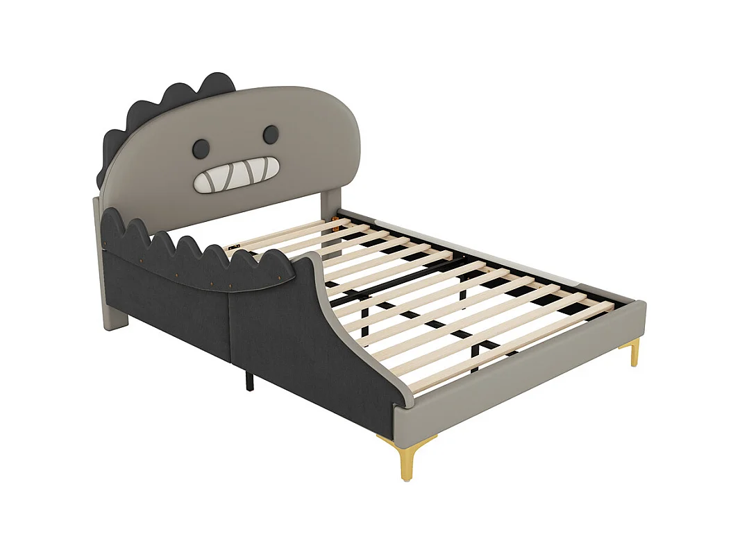 Lit jeune lit 140x200cm forme de dinosaure cartoon lit double pu gris