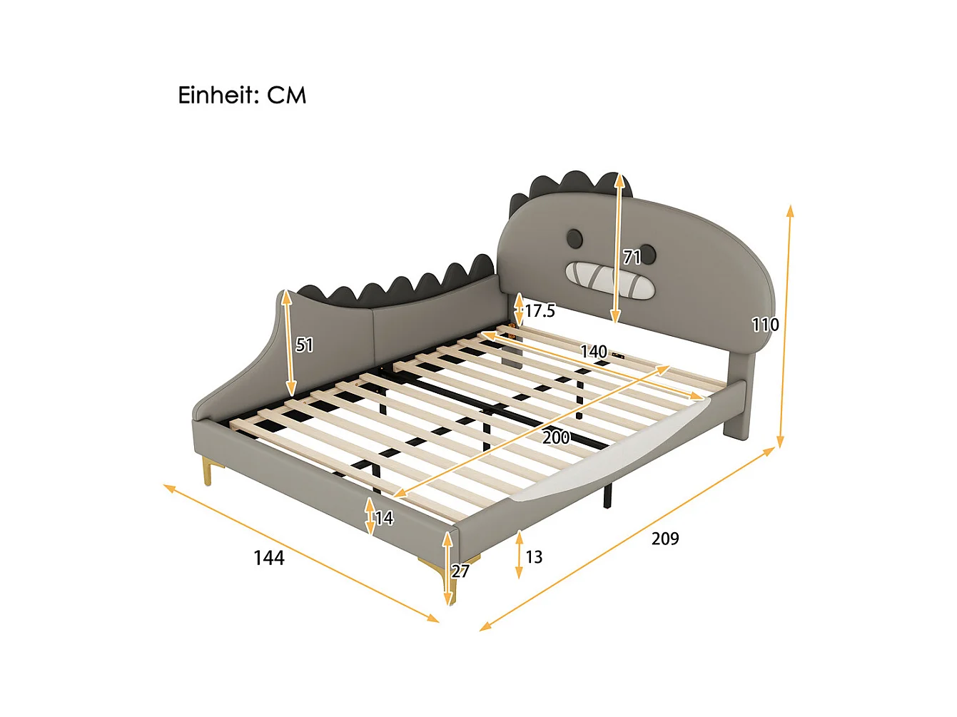 Lit jeune lit 140x200cm forme de dinosaure cartoon lit double pu gris