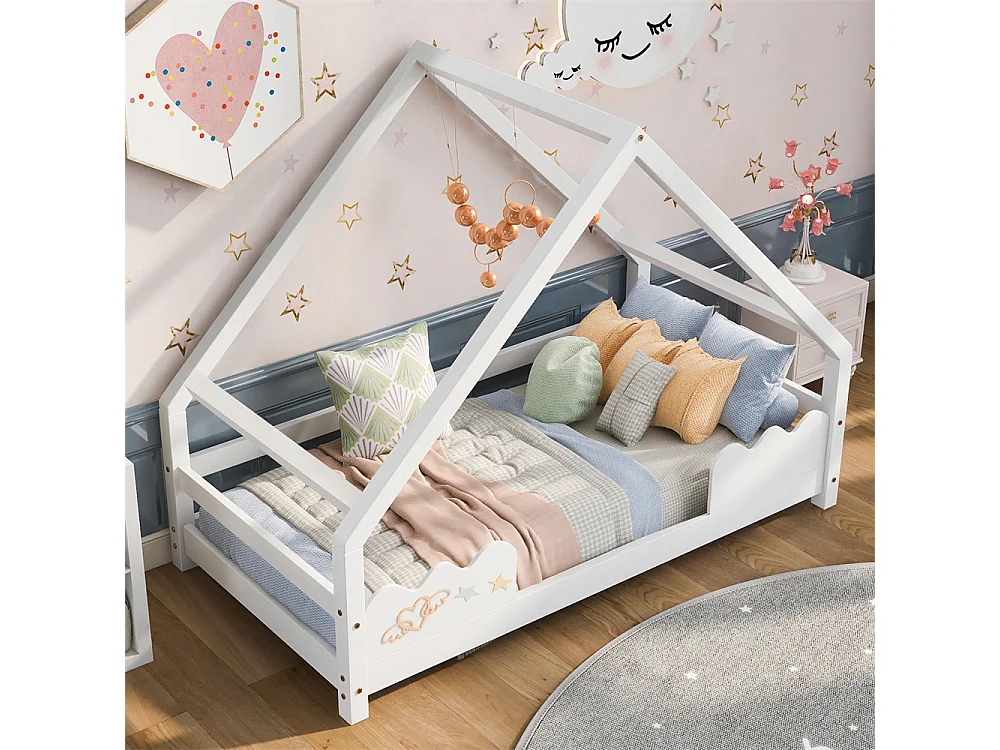 Lit cabane, lit enfant 90x200cm avec protection antichute, lit ludique, lit jeune, bois massif blanc