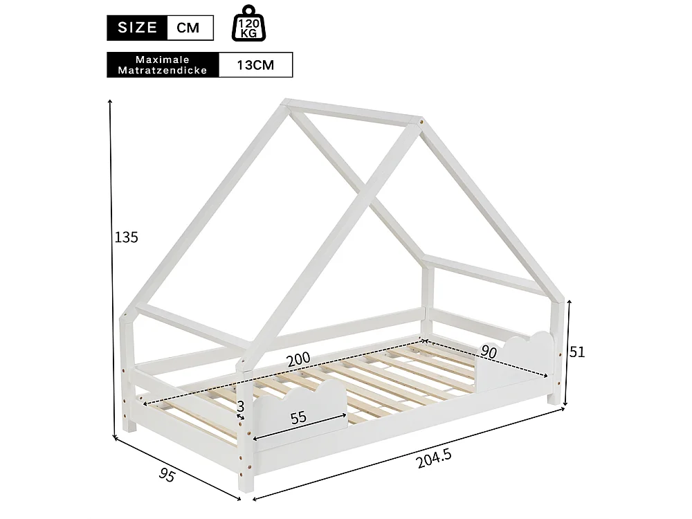 Lit cabane, lit enfant 90x200cm avec protection antichute, lit ludique, lit jeune, bois massif blanc