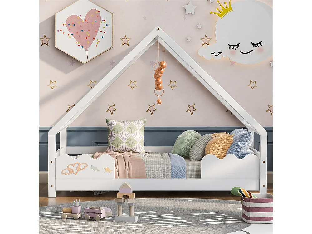 Lit cabane, lit enfant 90x200cm avec protection antichute, lit ludique, lit jeune, bois massif blanc