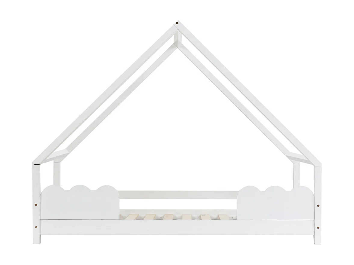 Lit cabane, lit enfant 90x200cm avec protection antichute, lit ludique, lit jeune, bois massif blanc