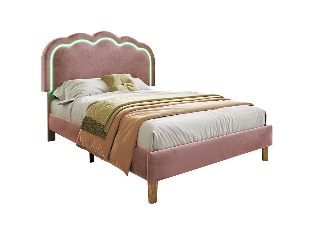 Lit led rembourré 90 x 190cm, lit d'enfant avec sommier à lattes et tête de lit réglable, lit simple, velours, rose