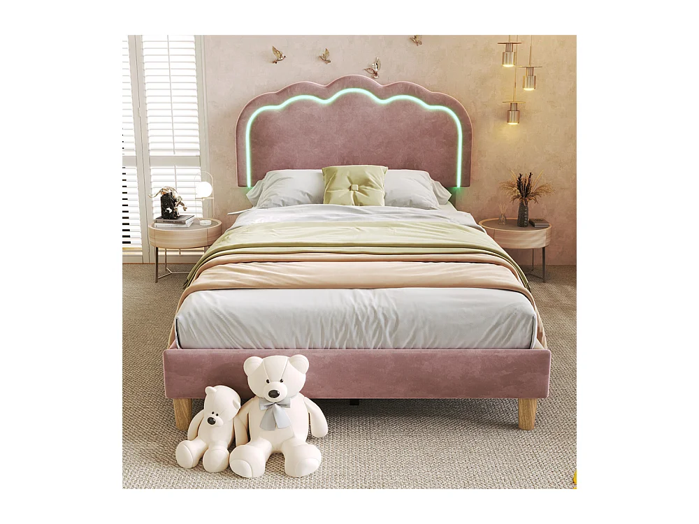 Lit led rembourré 90 x 190cm, lit d'enfant avec sommier à lattes et tête de lit réglable, lit simple, velours, rose