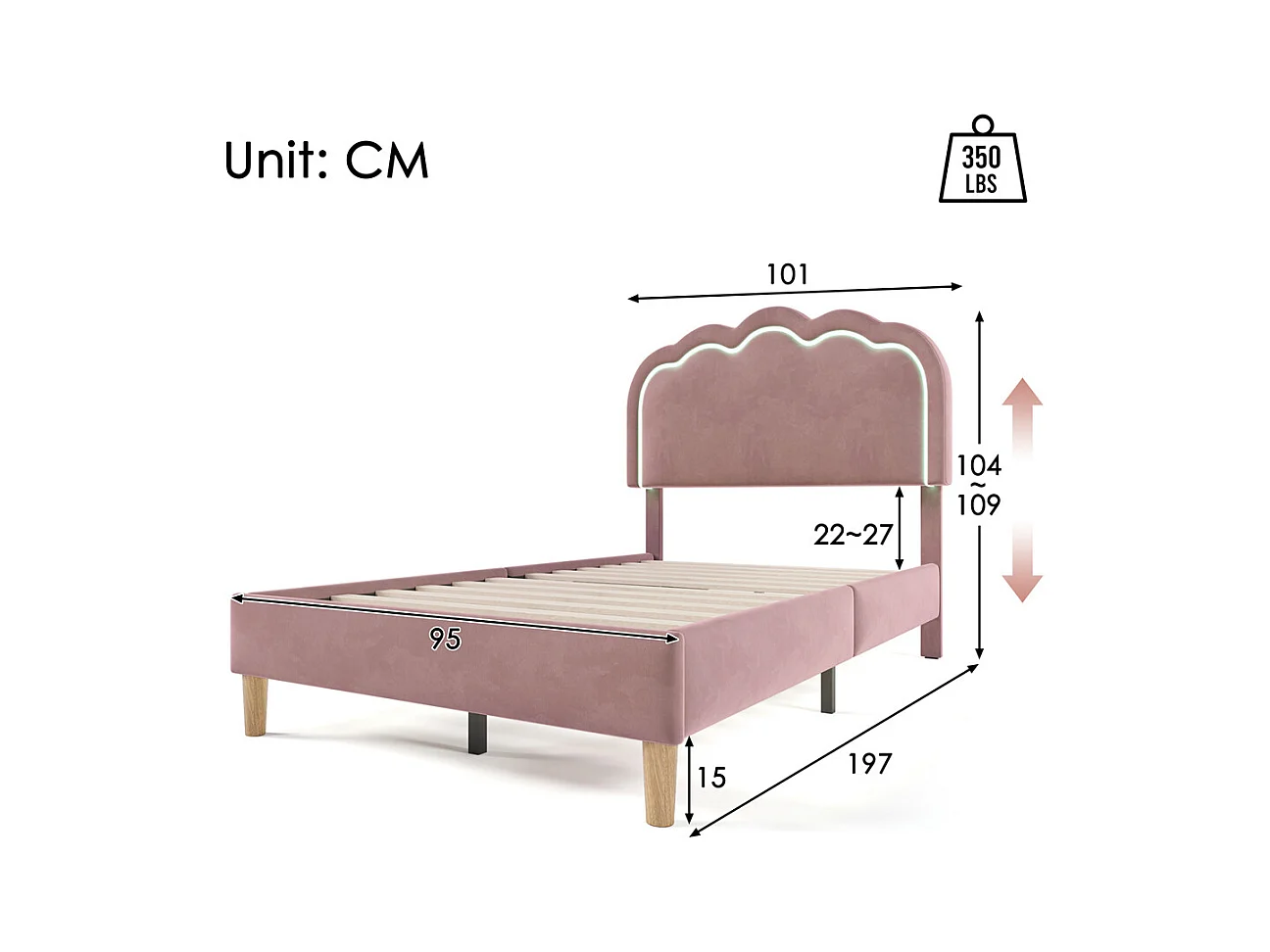Lit led rembourré 90 x 190cm, lit d'enfant avec sommier à lattes et tête de lit réglable, lit simple, velours, rose