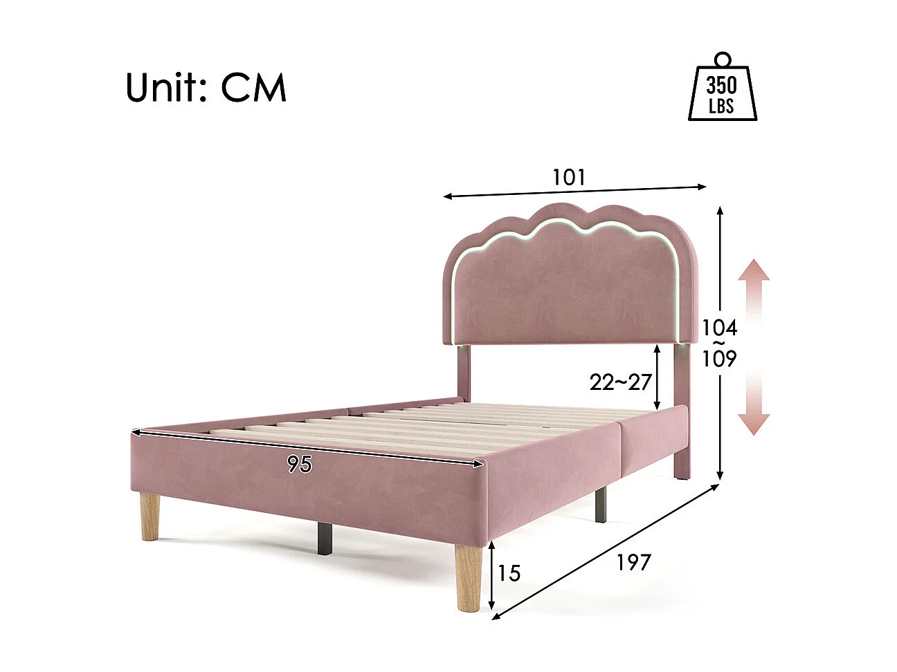 Lit led rembourré 90 x 190cm, lit d'enfant avec sommier à lattes et tête de lit réglable, lit simple, velours, rose