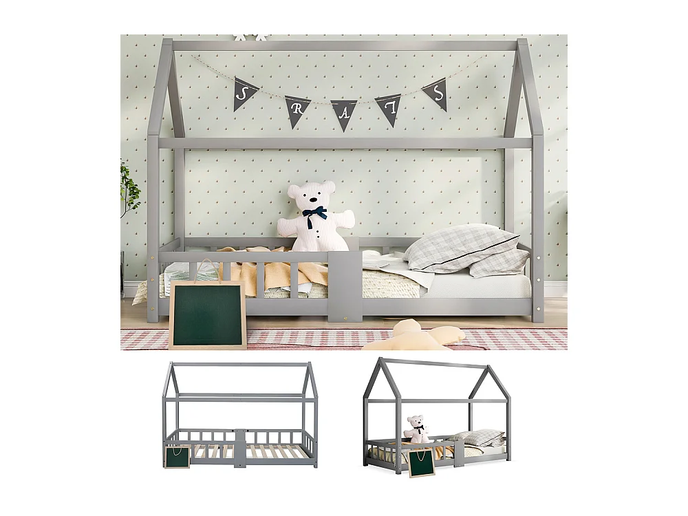 Lit jeune lit 90x200 cm lit protection contre les chutes lit sommier à lattes lit simple bois massif gris