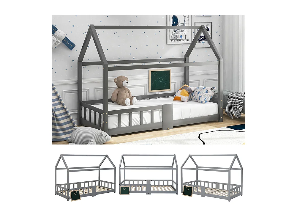 Lit jeune lit 90x200 cm lit protection contre les chutes lit sommier à lattes lit simple bois massif gris