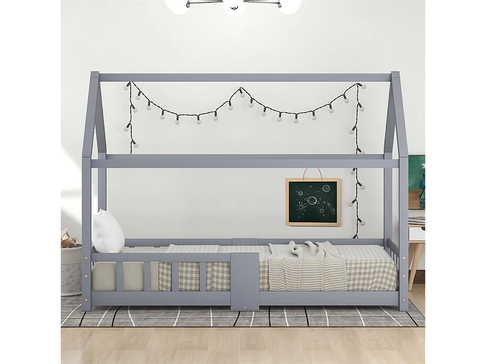 Lit jeune lit 90x200 cm lit protection contre les chutes lit sommier à lattes lit simple bois massif gris