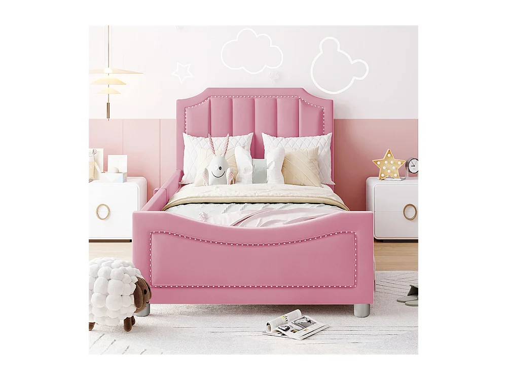 Lit jeune lit 90x200 cm lit rembourré lit simple bois massif rose