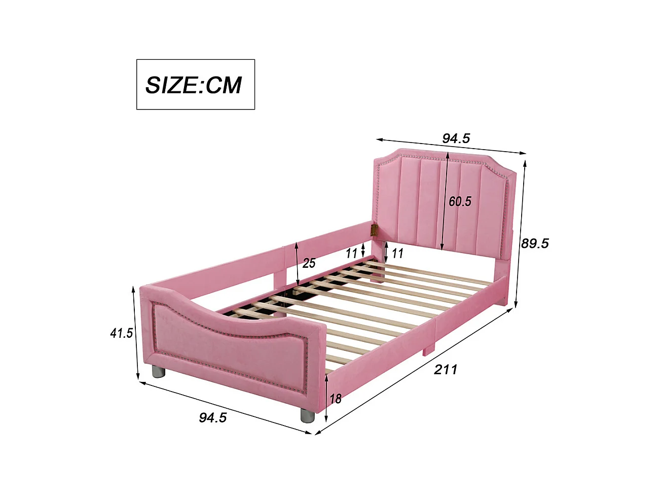 Lit jeune lit 90x200 cm lit rembourré lit simple bois massif rose