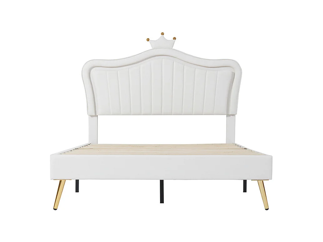 Lit jeune lit 140x200 cm lit rembourré avec lampes led, sommier à lattes cuir synthétique blanc