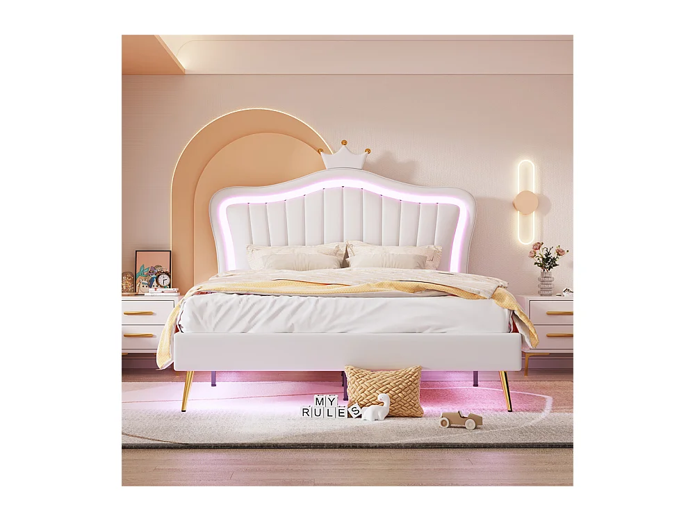 Lit jeune lit 140x200 cm lit rembourré avec lampes led, sommier à lattes cuir synthétique blanc