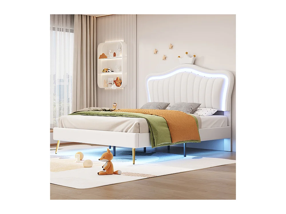 Lit jeune lit 140x200 cm lit rembourré avec lampes led, sommier à lattes cuir synthétique blanc