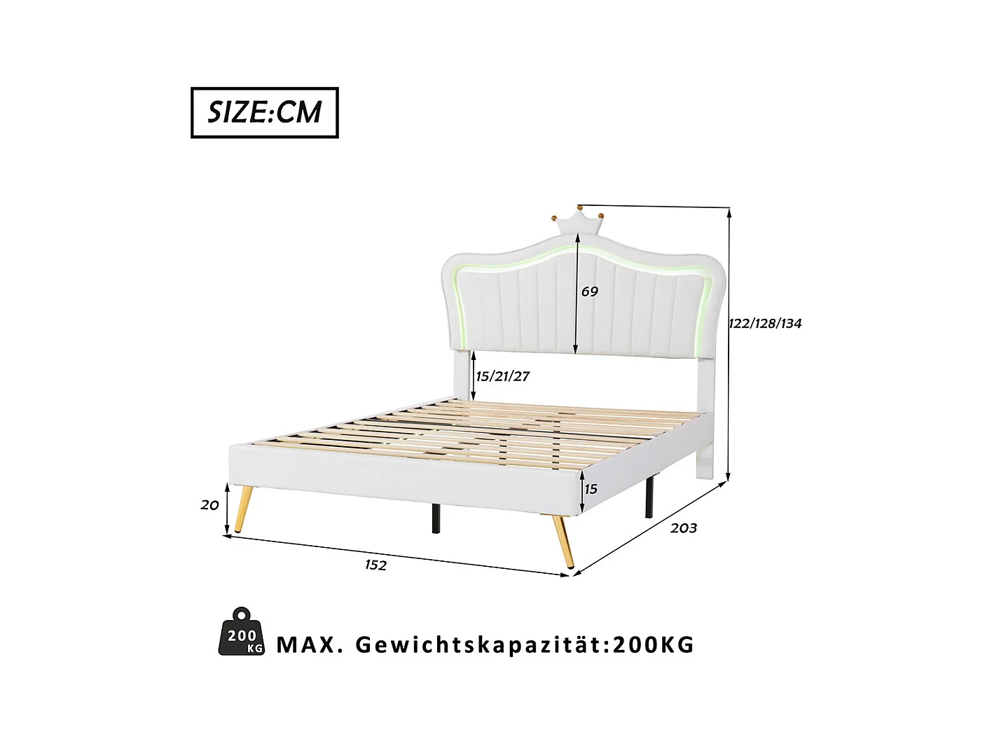 Lit jeune lit 140x200 cm lit rembourré avec lampes led, sommier à lattes cuir synthétique blanc
