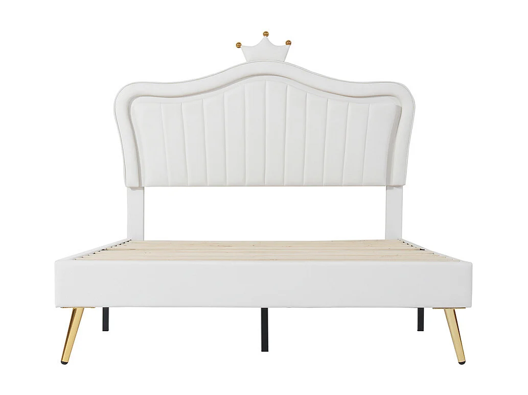 Lit jeune lit 140x200 cm lit rembourré avec lampes led, sommier à lattes cuir synthétique blanc