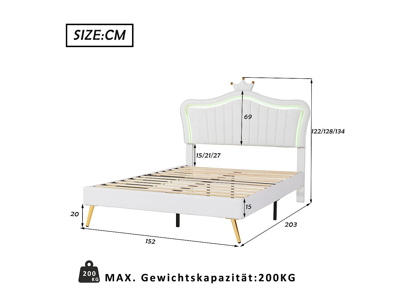 Lit jeune lit 140x200 cm lit rembourré avec lampes led, sommier à lattes cuir synthétique blanc