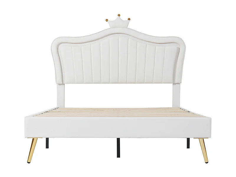 Lit jeune lit 140x200 cm lit rembourré avec lampes led, sommier à lattes cuir synthétique blanc