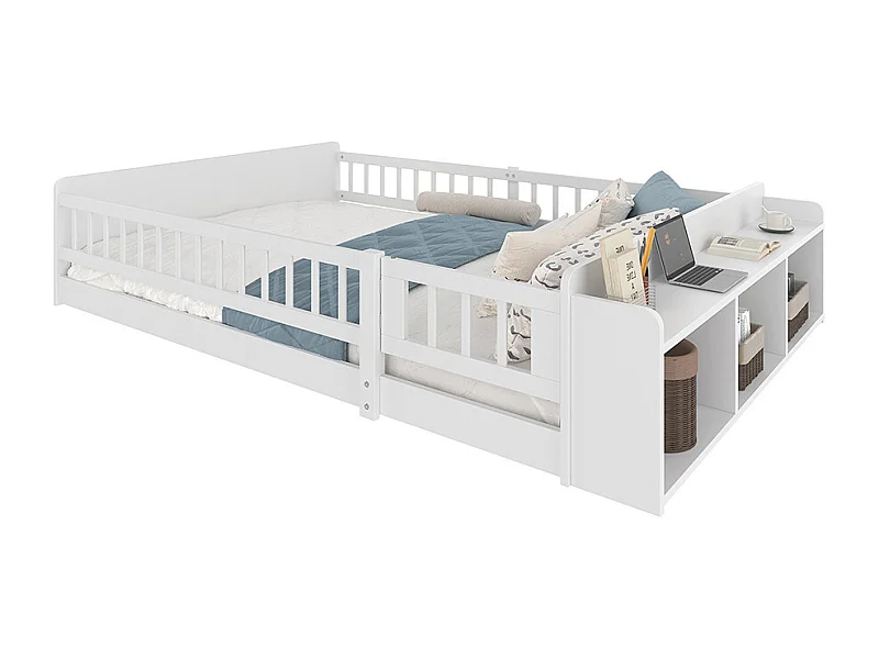 Lit en bois, lit d'enfant 140x190cm, avec rangement ouvert, étagères, armoire ouvrante, pin+mdf, blanc, sans matelas